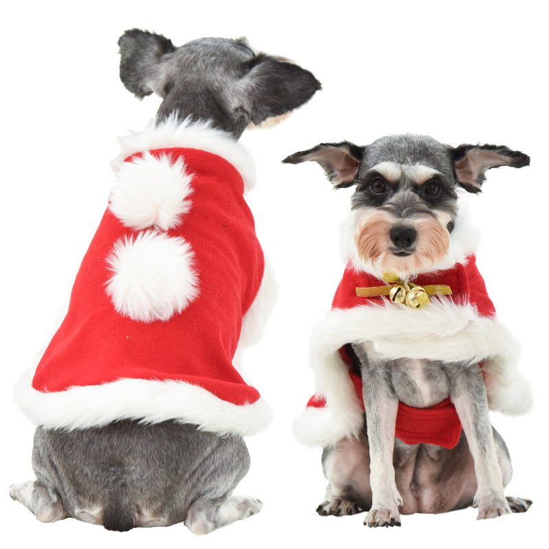 Cute Dog Christmas Cloak by Pet Zen, red velvet cape with fur trim and pom poms, bell collar on Tampa Home & Garden Store