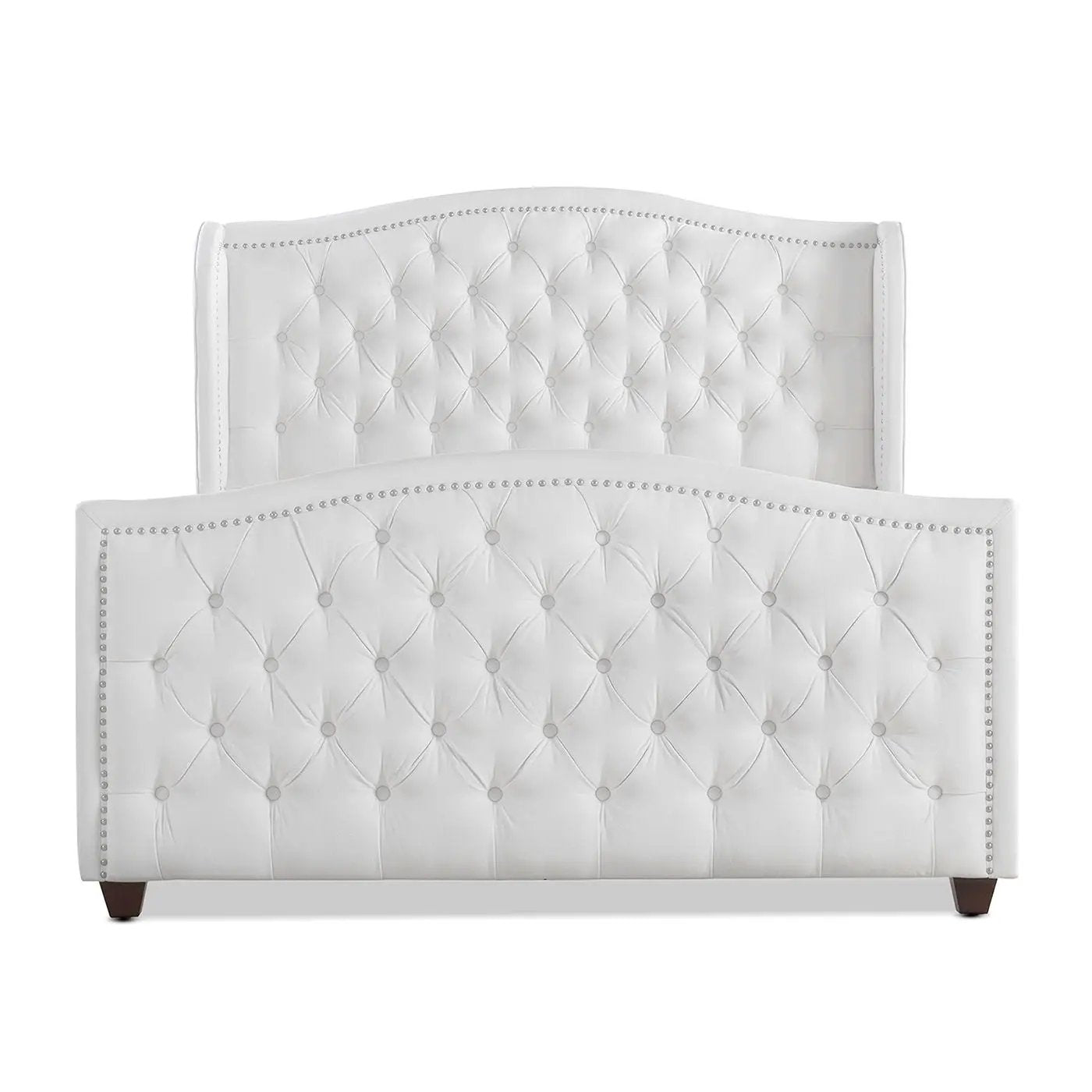 Marcella Upholstered Shelter Headboard Bed Set in white tufted fabric with nailhead trim on Tampa Home & Garden Store