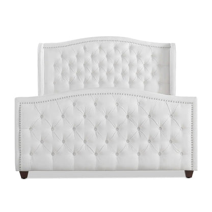 Marcella Upholstered Shelter Headboard Bed Set in white tufted fabric with nailhead trim on Tampa Home & Garden Store