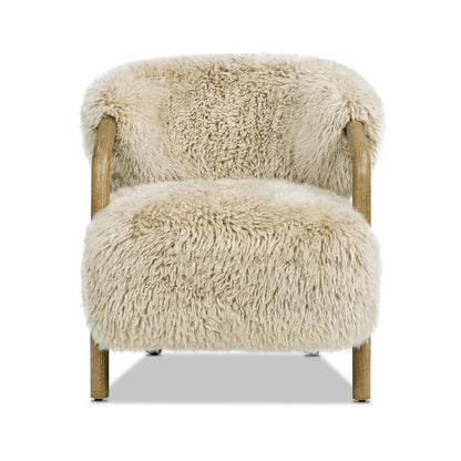 Rustic oak sheepskin upholstered arm chair in taupe beige with wooden legs on Tampa Home & Garden Store