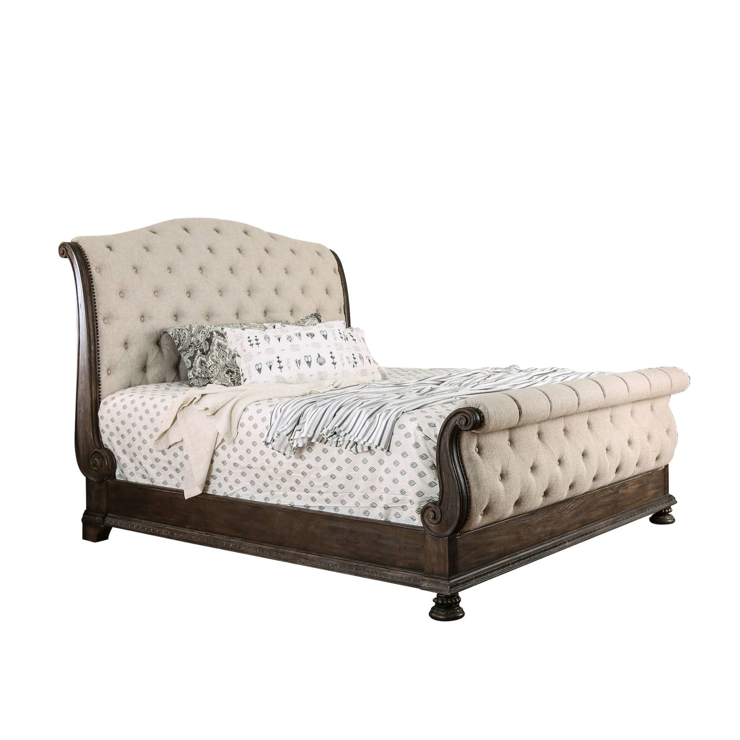 Sleigh Bed and Button Tufted Fabric Headboard