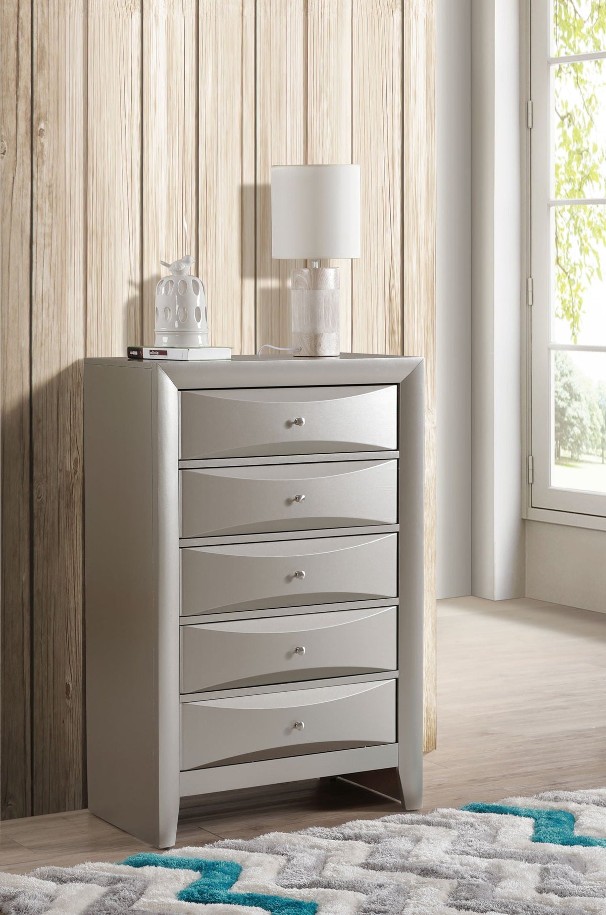 Accent chest with molded resin drawers in gray finish; curved-front drawers with lamp on top on Tampa Home & Garden Store