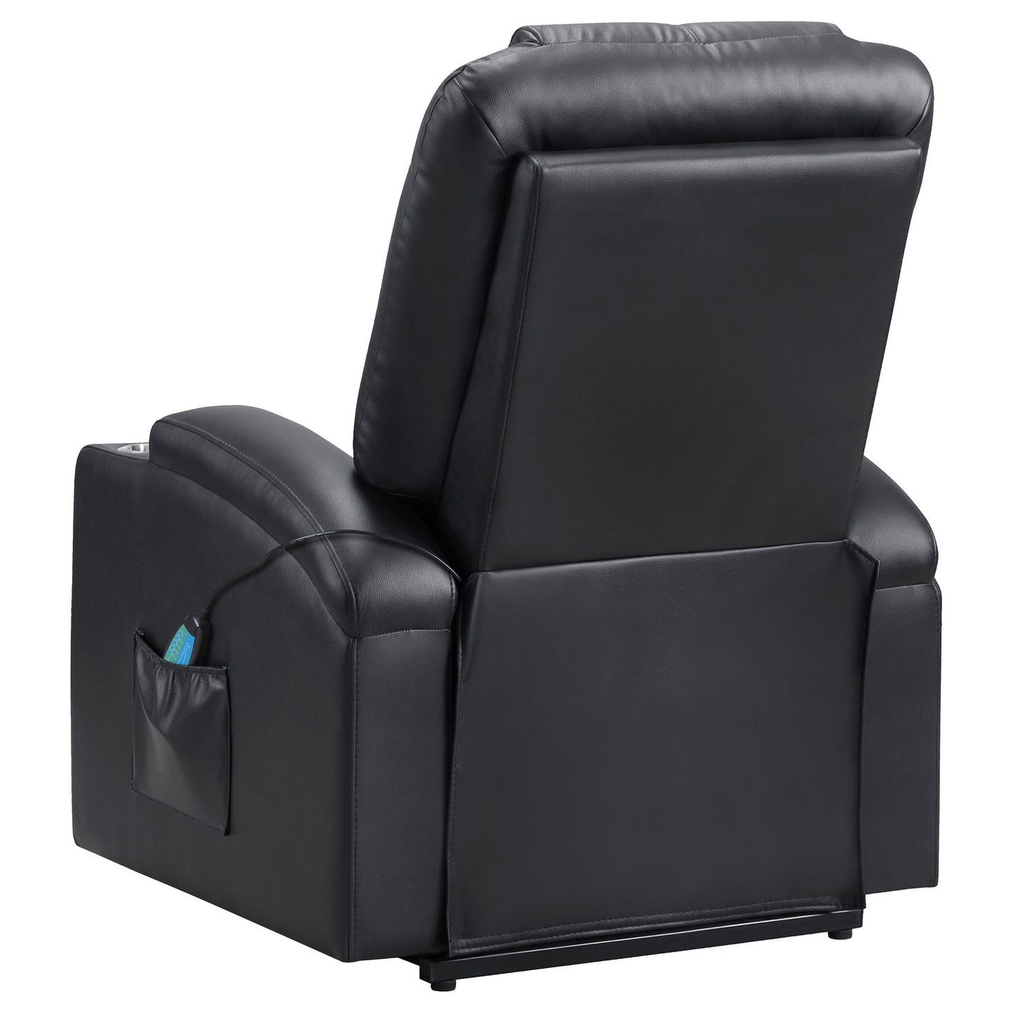 Macklin Power Lift Massage Recliner in black leather with side pocket on Tampa Home & Garden Store