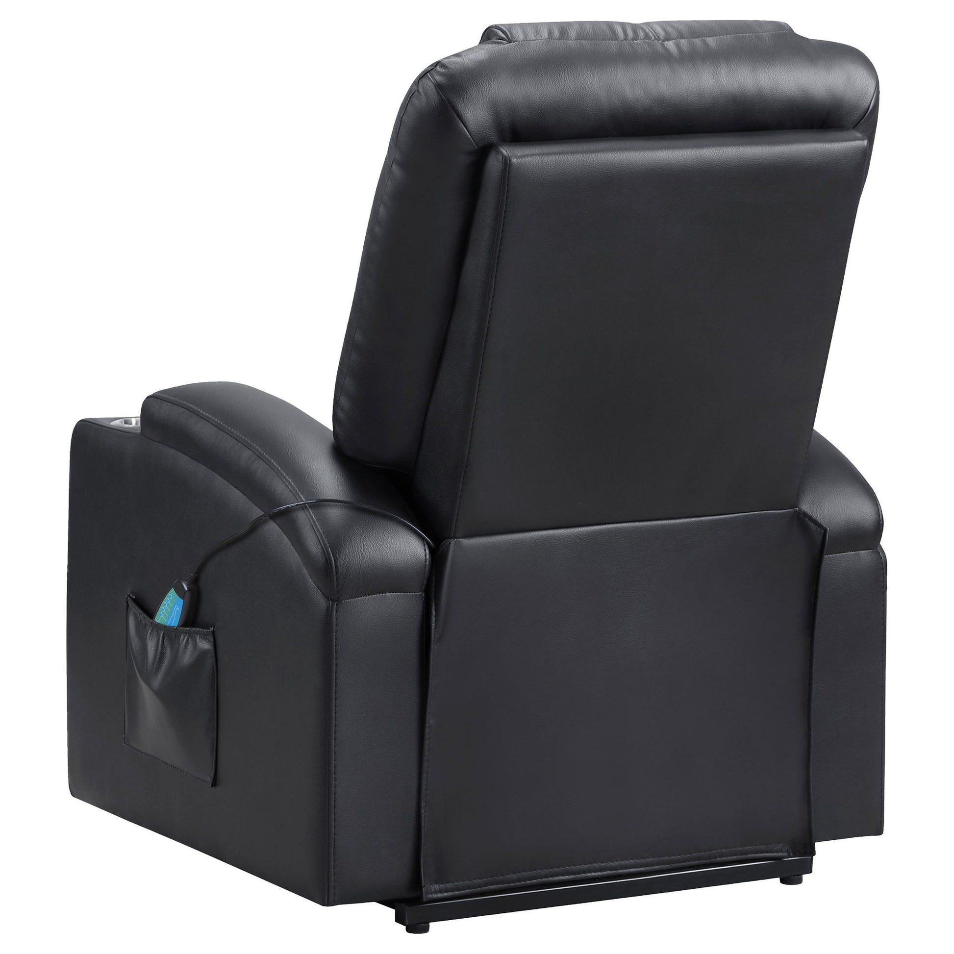 Macklin Power Lift Massage Recliner in black leather with side pocket on Tampa Home & Garden Store
