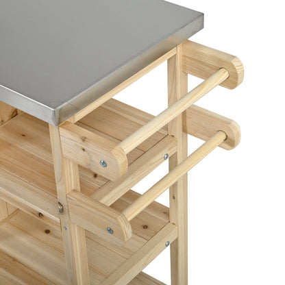 Foldable outdoor kitchen island with gray metal top and wood frame, shelves HouseOfZazla on Tampa Home & Garden Store
