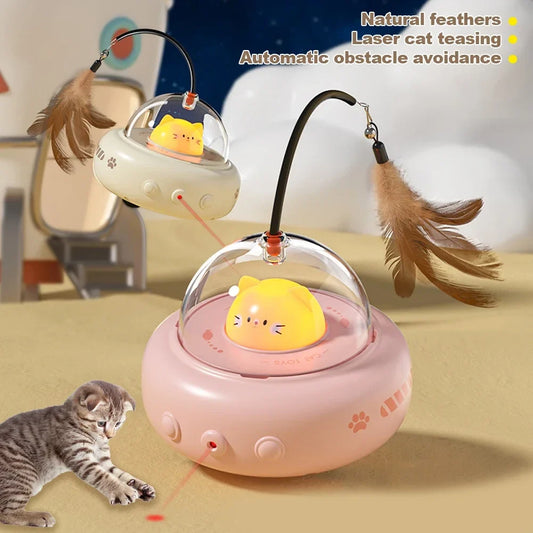 Electric UFO Cat Teaser with pink base, transparent dome, yellow cat figure, two feather arms Sell My Stuff on Tampa Home & Garden Store