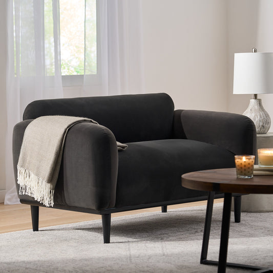 Loveseat Sofa 50in dark charcoal fabric by HouseOfZazla with beige fringe throw on Tampa Home & Garden Store
