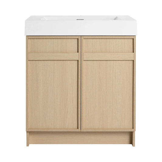 Freestanding bathroom vanity with white resin sink atop light oak cabinet with soft-close doors on Tampa Home & Garden Store