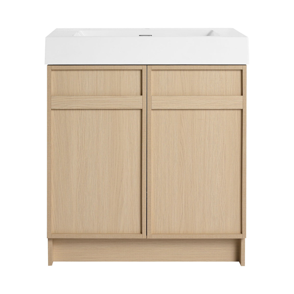 Freestanding bathroom vanity with white resin sink on natural oak cabinet doors, soft-close on Tampa Home & Garden Store