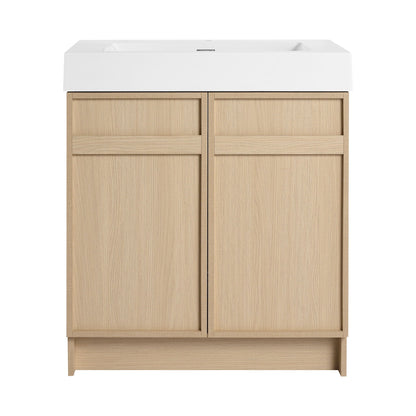 Freestanding bathroom vanity with white resin sink on natural oak cabinet doors, soft-close on Tampa Home & Garden Store