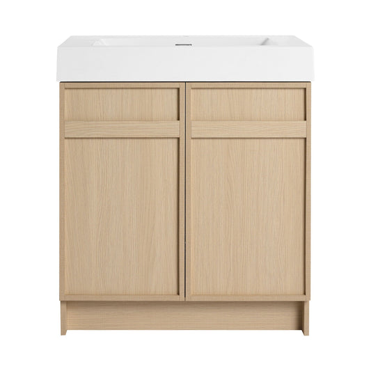 Freestanding bathroom vanity with white resin sink on natural oak cabinet doors, soft-close on Tampa Home & Garden Store