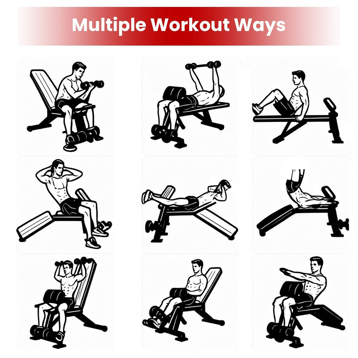 Adjustable weight bench with preacher curl pad and resistance bands shown in 9-panel grid on Tampa Home & Garden Store