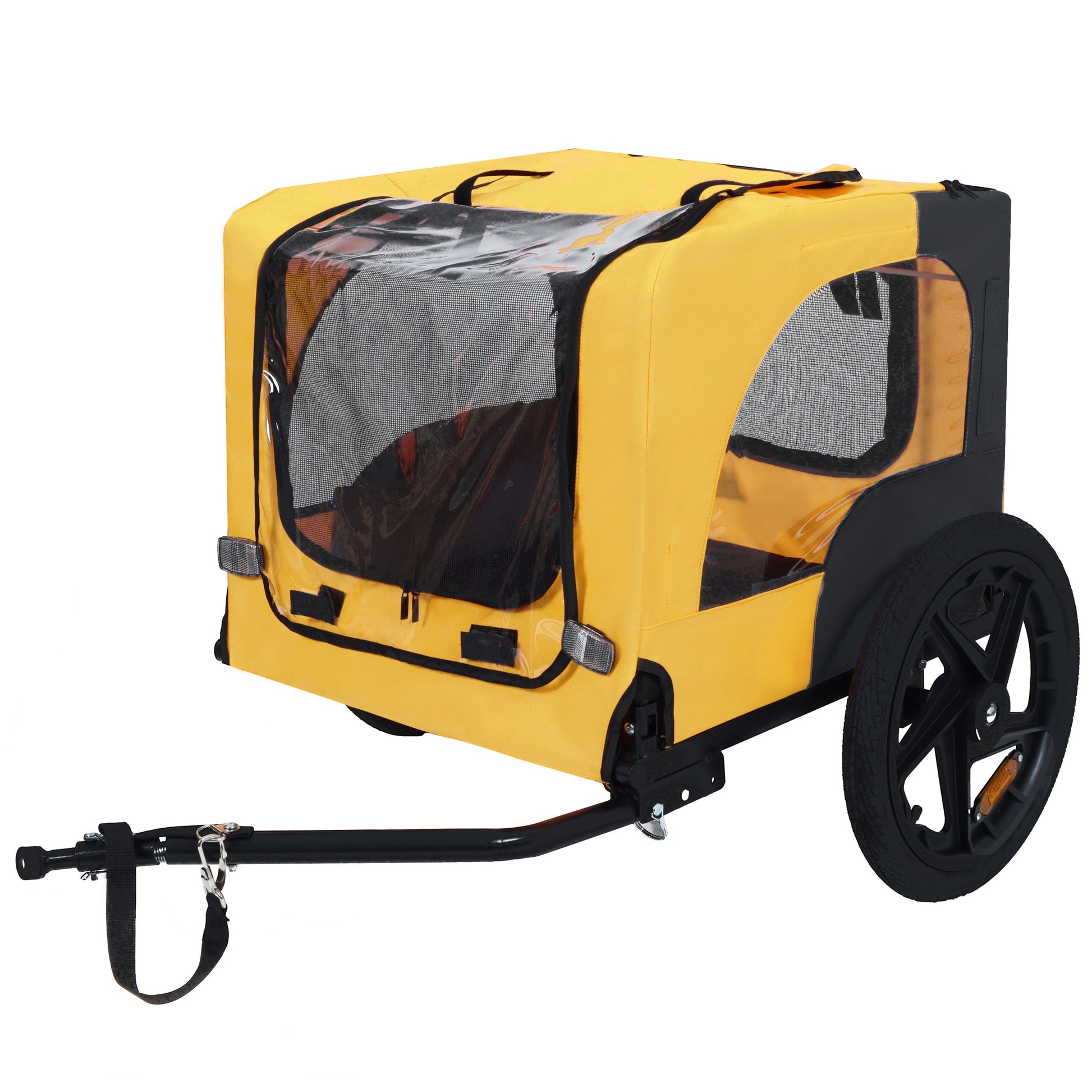 Pet bike trailer for medium dogs up to 66 lbs, yellow with mesh panels and black frame on Tampa Home & Garden Store