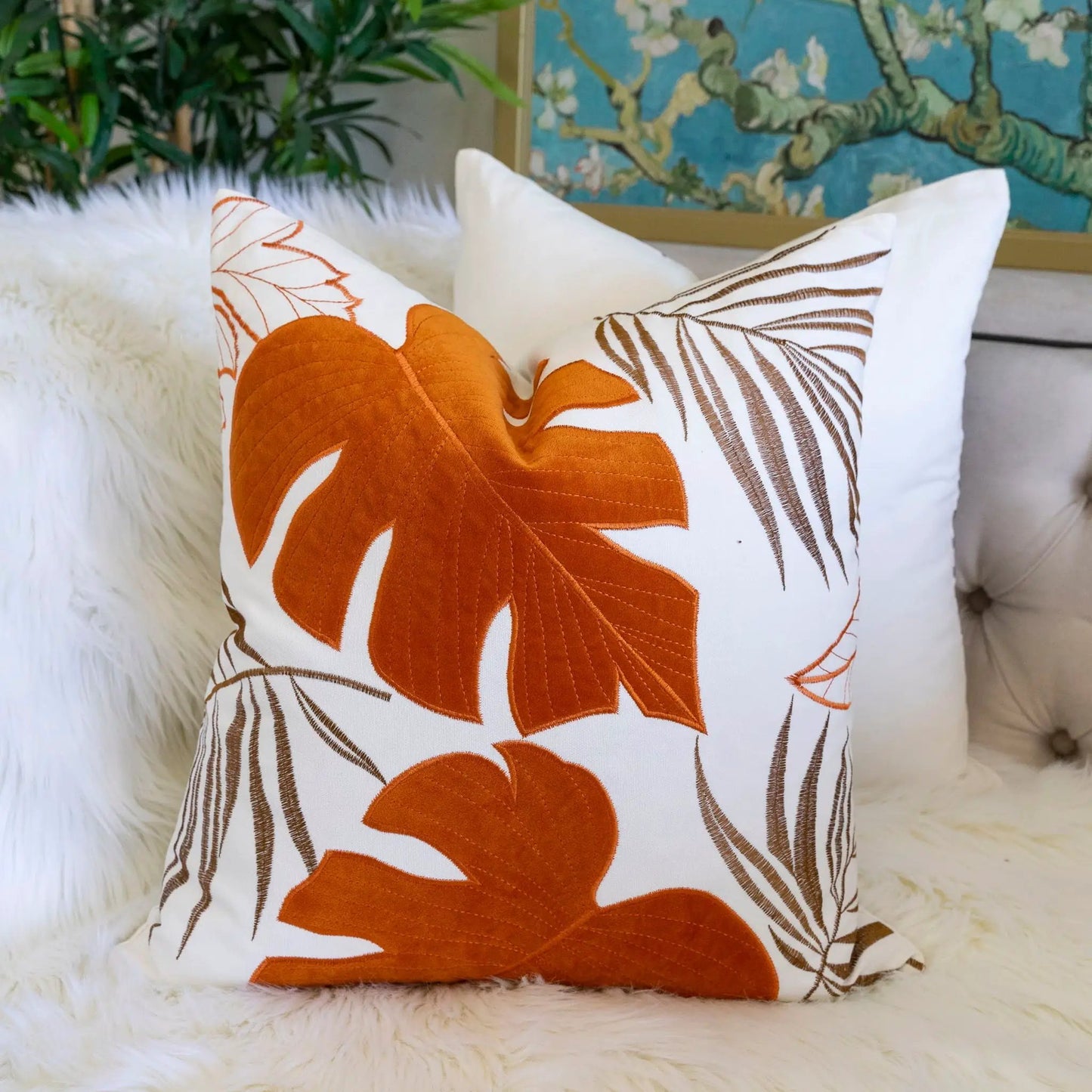 Autumn Vibes Leaf Accent Pillows with white background and bold orange leaf pattern, two shown on Tampa Home & Garden Store