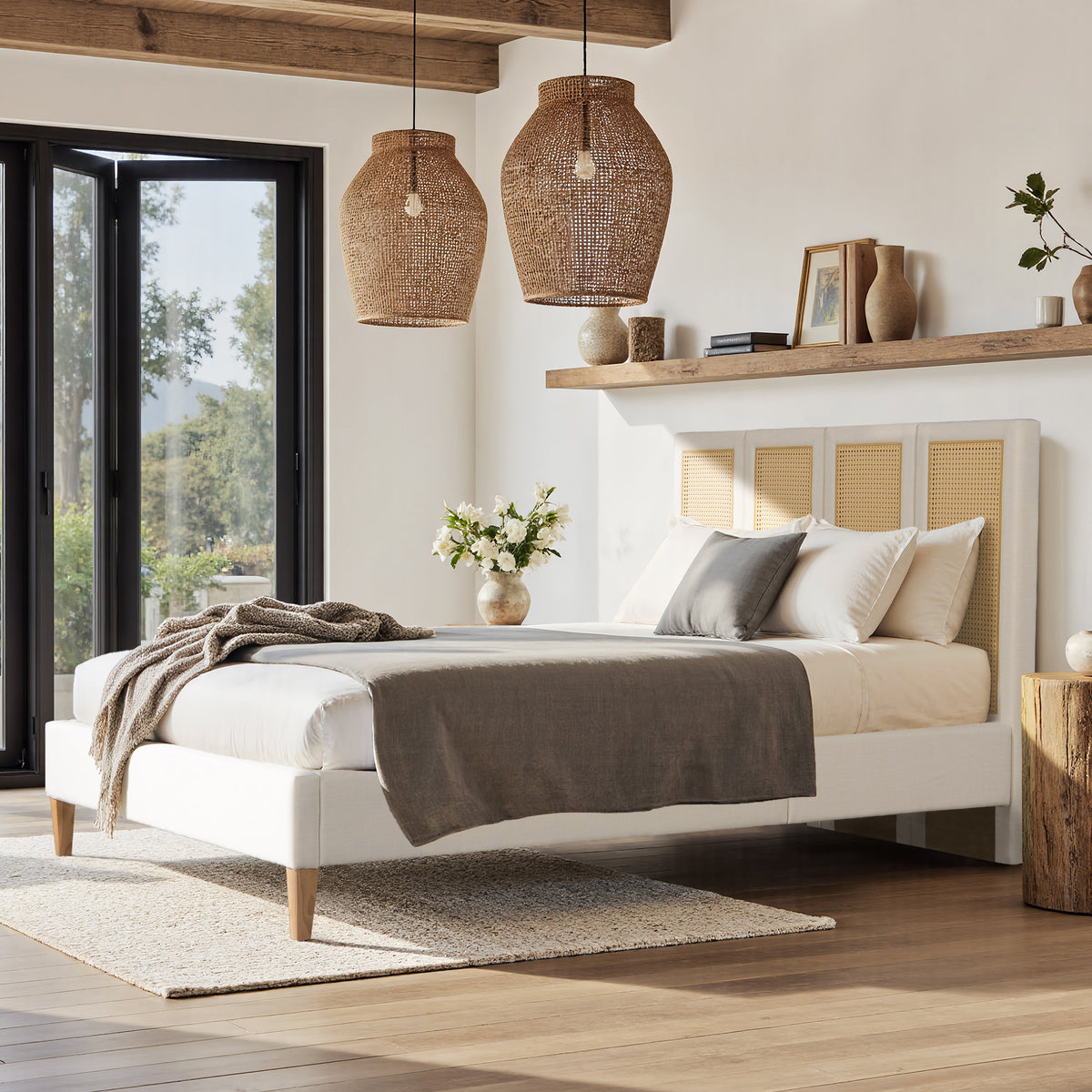 Toscana Queen Upholstered Cane-Back Platform Bed by HouseOfZazla with beige cane headboard on Tampa Home & Garden Store