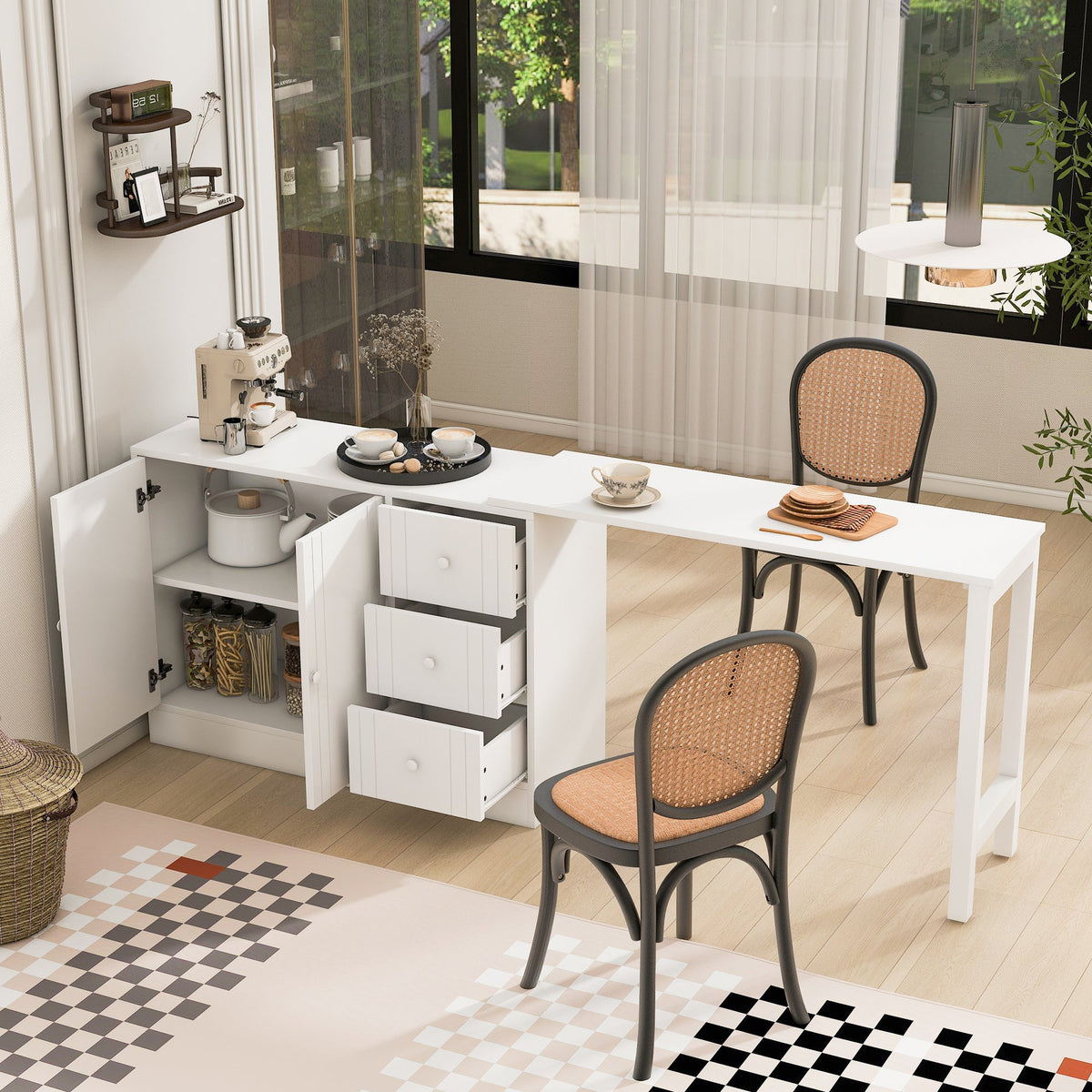 White wooden sideboard with extendable table; open drawers in a bright kitchen on Tampa Home & Garden Store