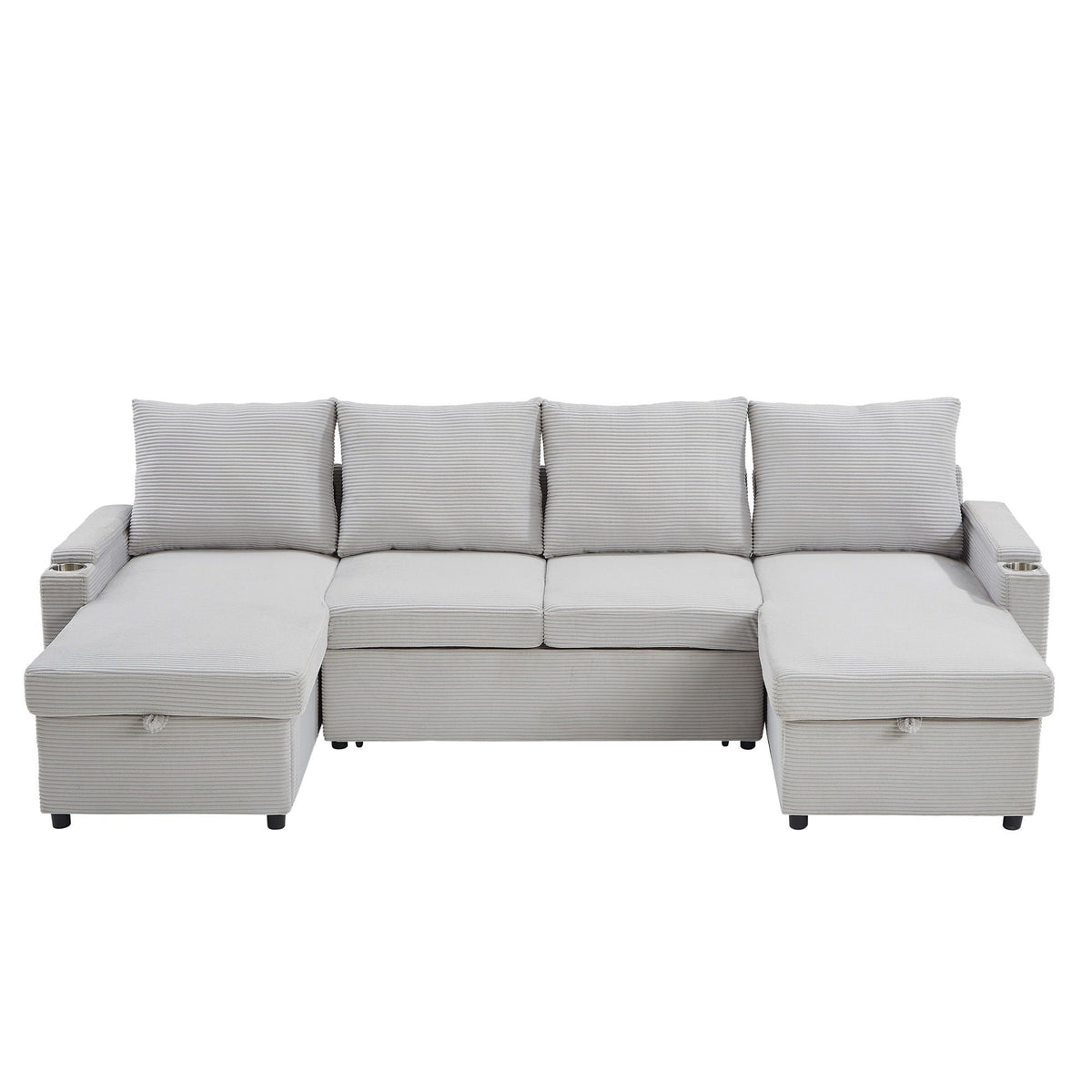 U-shaped sectional sofa bed with storage chaise, gray striped fabric, cup holders on arms on Tampa Home & Garden Store