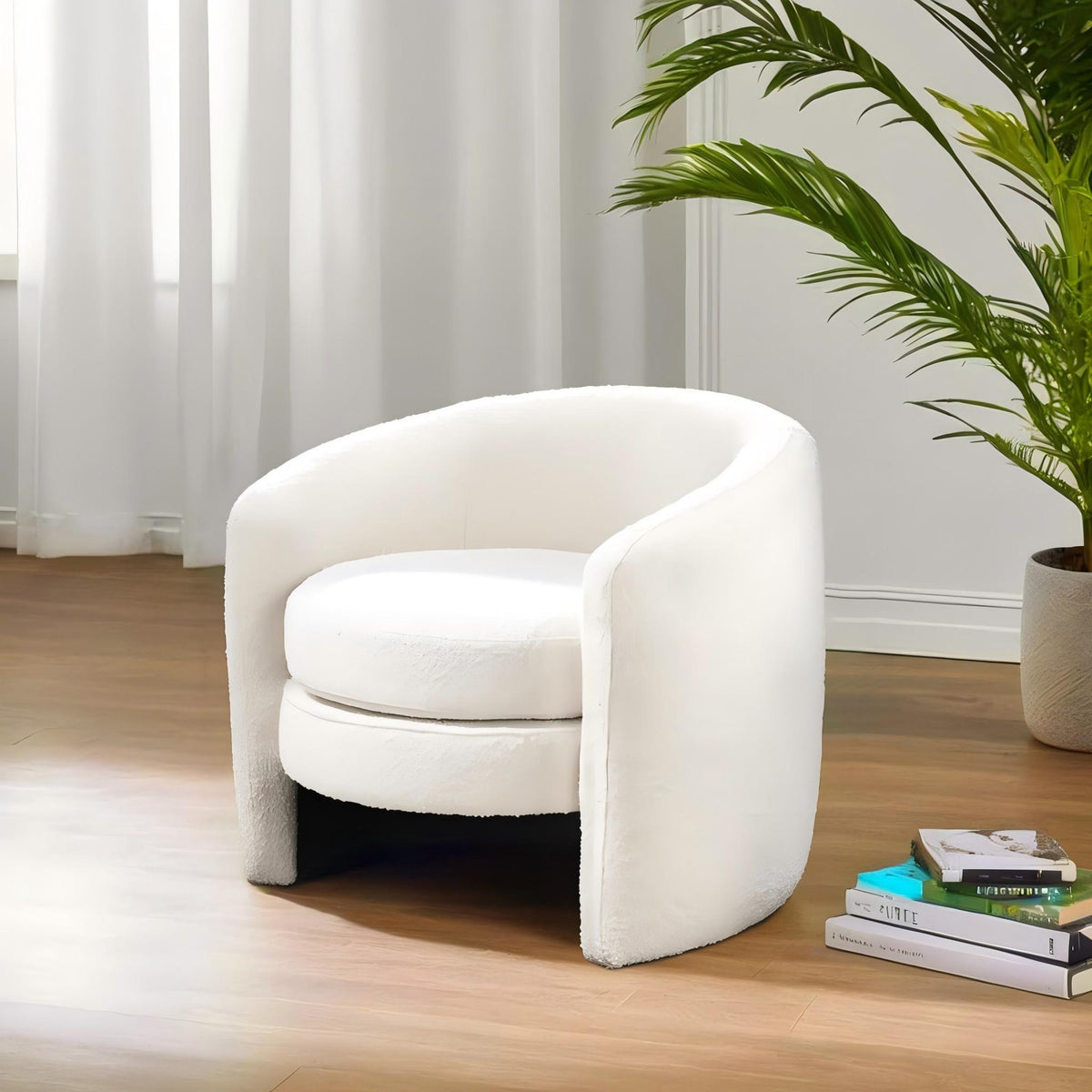 2 white boucle lounge chairs with fully padded backs on Tampa Home & Garden Store
