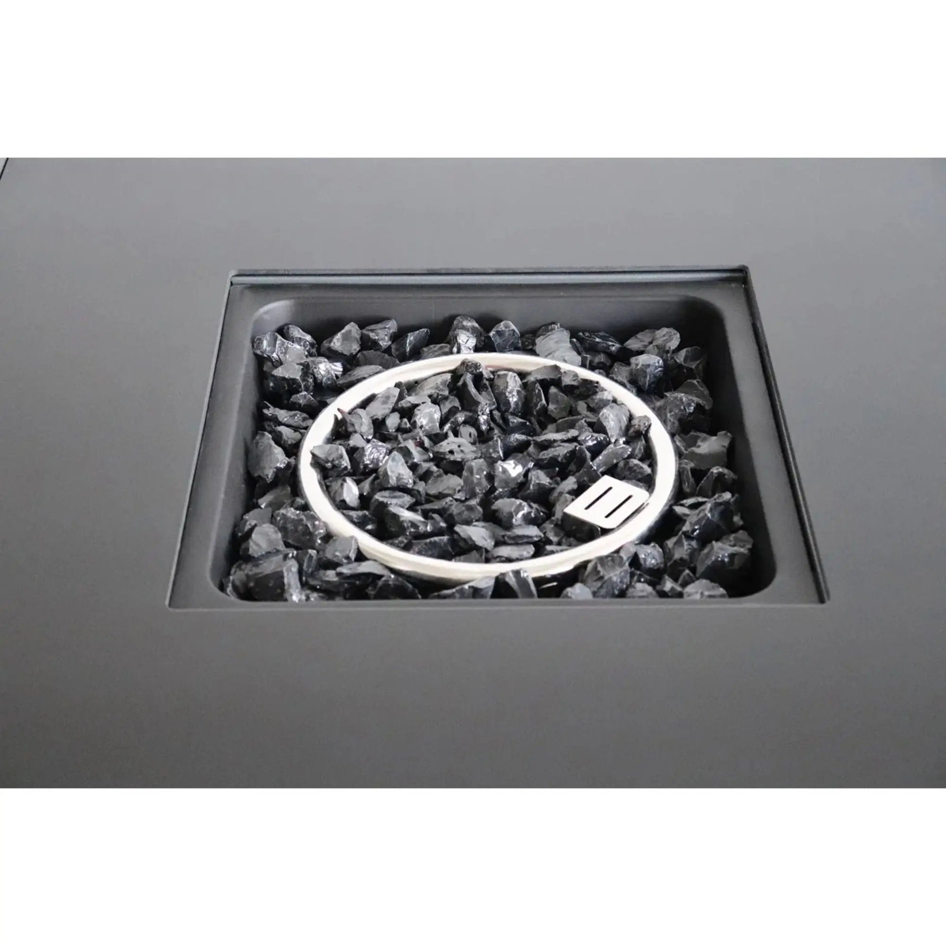 Outdoor fire pit table with lid in gray metal, lava rock bed and vented insert on Tampa Home & Garden Store