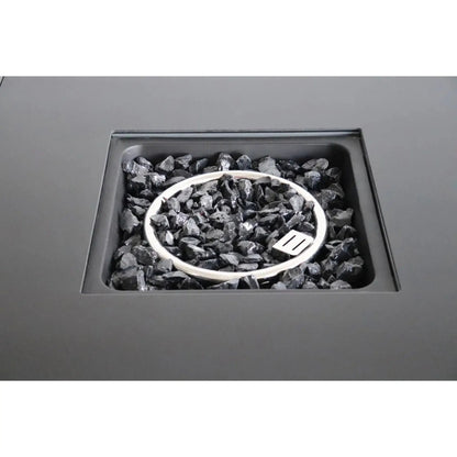 Outdoor fire pit table with lid in gray metal, lava rock bed and vented insert on Tampa Home & Garden Store