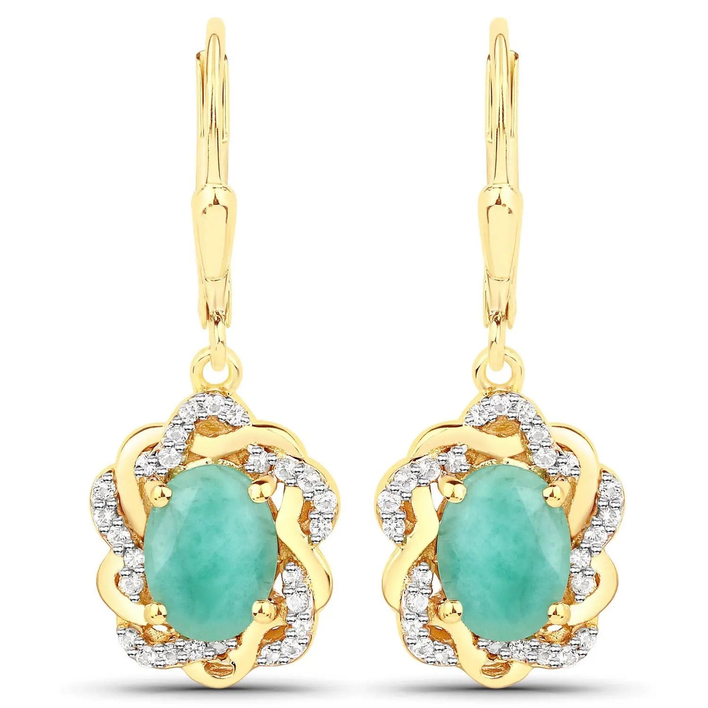 2.36ct Emerald and White Topaz earrings with gold-tone floral setting and pave accents, pair on Tampa Home & Garden Store