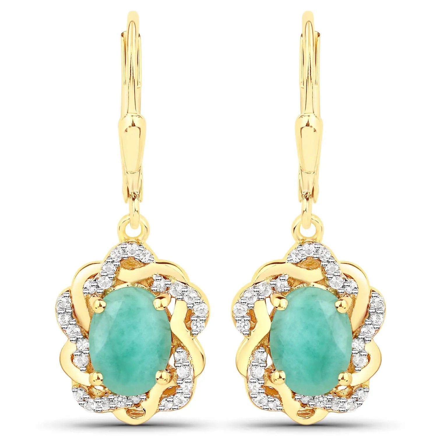 2.36ct Emerald and White Topaz earrings with gold-tone floral setting and pave accents, pair on Tampa Home & Garden Store