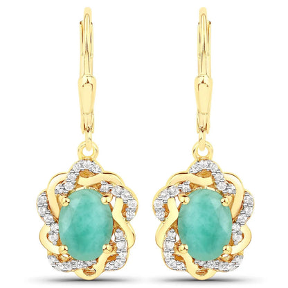 2.36ct Emerald and White Topaz earrings with gold-tone floral setting and pave accents, pair on Tampa Home & Garden Store