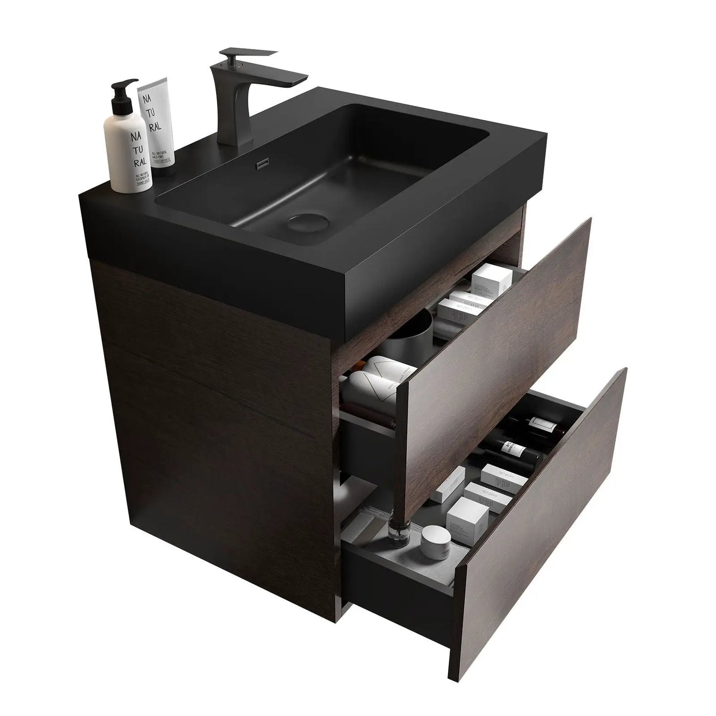 Alice wall-mounted bathroom vanity with black sink and dark wood three-drawer cabinet on Tampa Home & Garden Store