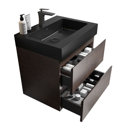 Alice wall-mounted vanity with integrated black sink and matte black faucet, wood cabinet on Tampa Home & Garden Store