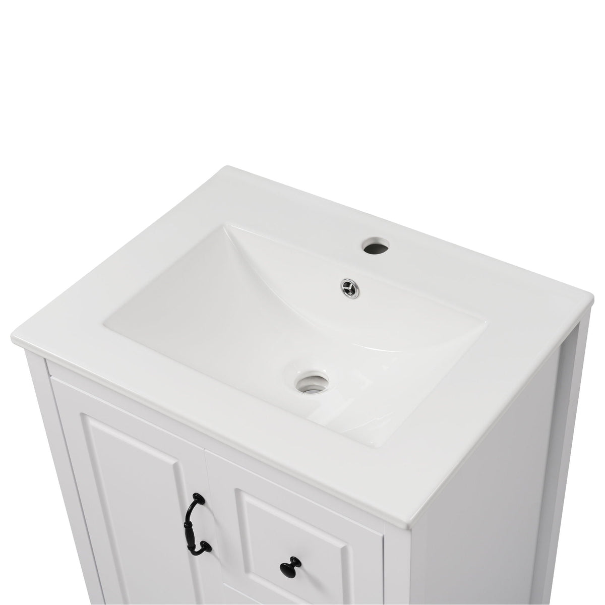 Retro bathroom vanity with ceramic sink, white cabinet and black hardware on Tampa Home & Garden Store