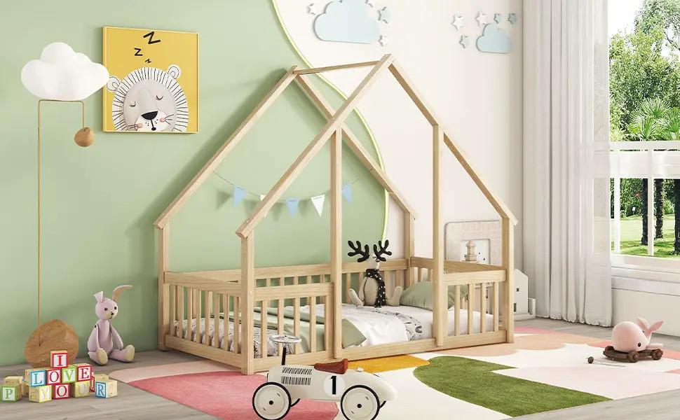 Wood house-shaped floor bed with fence guardrails, wood toddler bed Unique Piece Furniture on Tampa Home & Garden Store