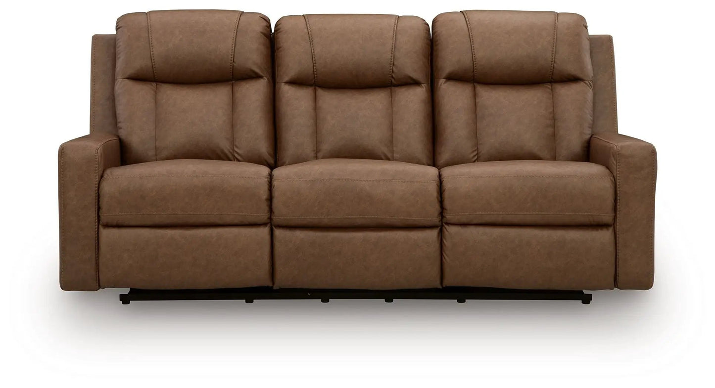 Mackmenville reclining sofa three-seat brown leather-like upholstery with plush back cushions on Tampa Home & Garden Store