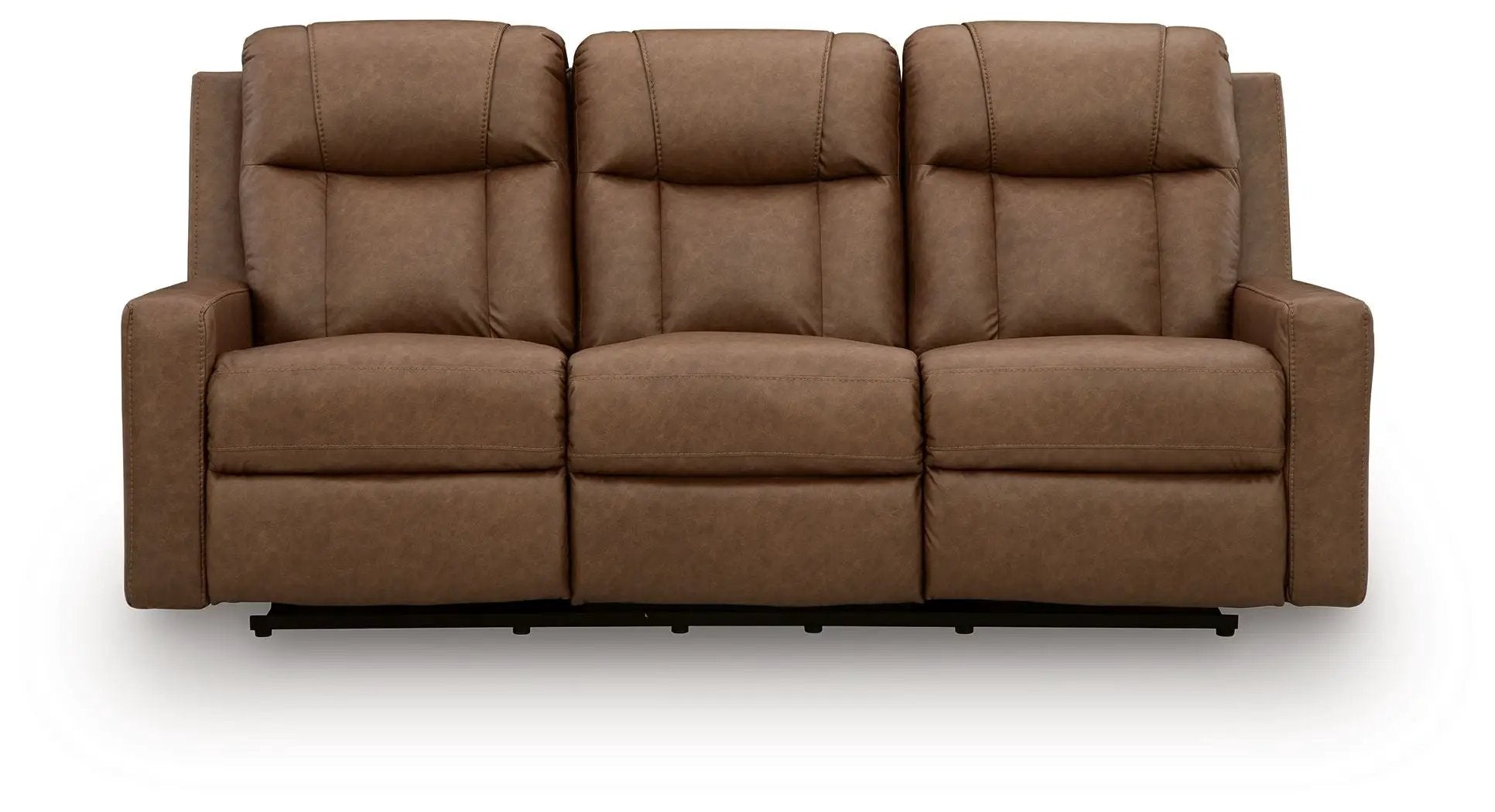 Mackmenville reclining sofa three-seat brown leather-like upholstery with plush back cushions on Tampa Home & Garden Store