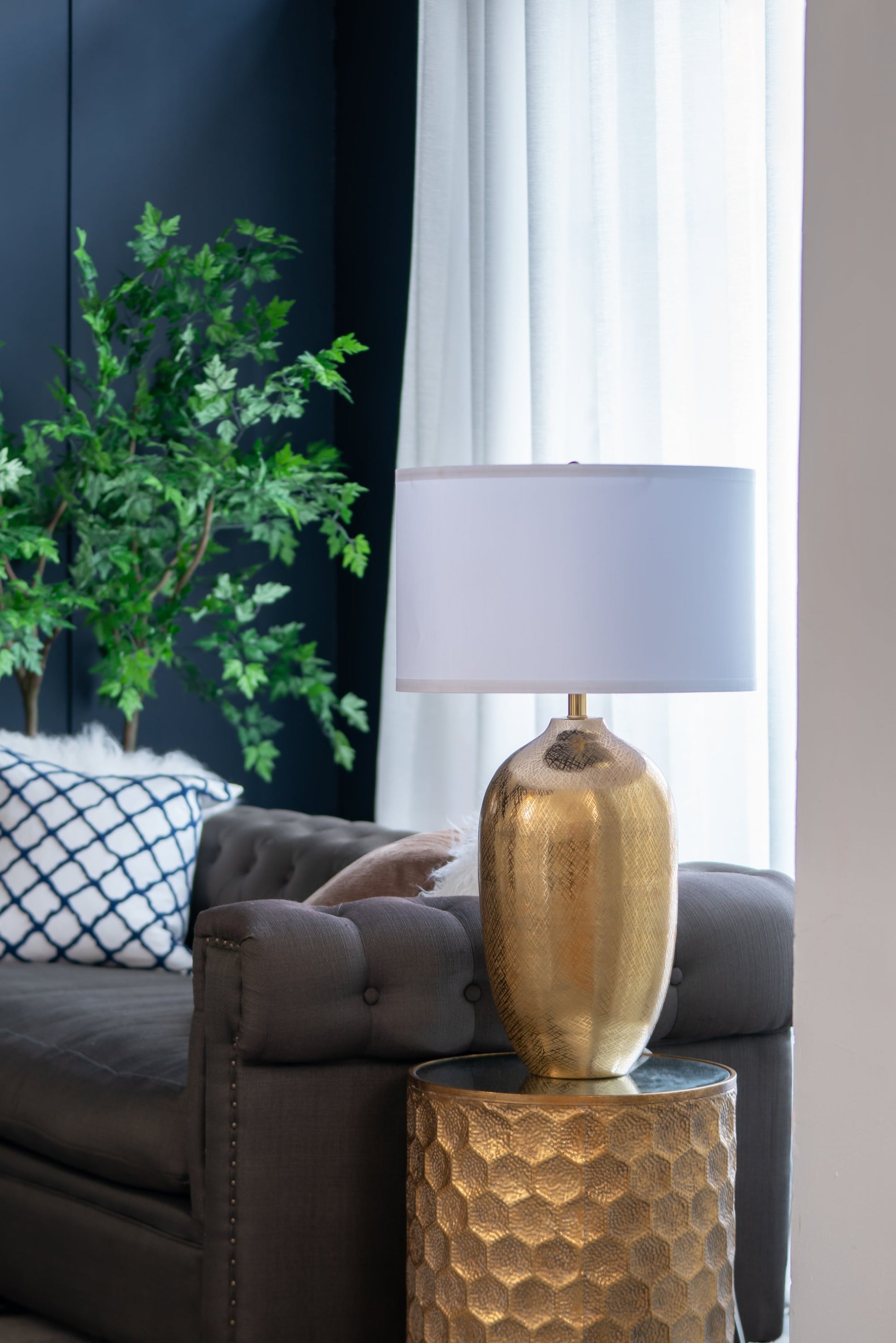 D18x31 Round Aluminum Gold Table Lamp with White Fabric Shade, hammered base by HouseOfZazla on Tampa Home & Garden Store