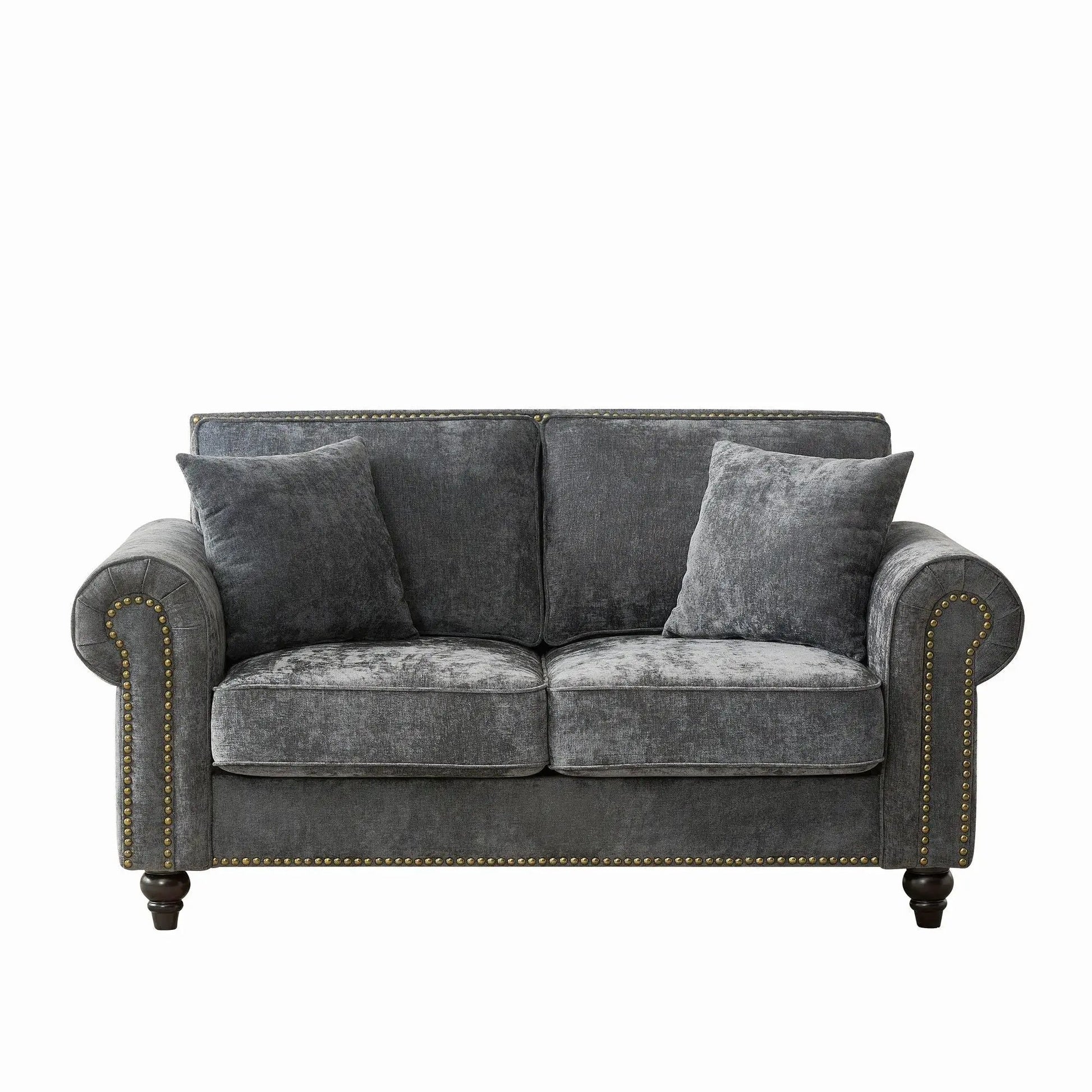 2 Seater Sofa with Rolled Arms, tufted upholstery in dark gray with nailhead trim on Tampa Home & Garden Store