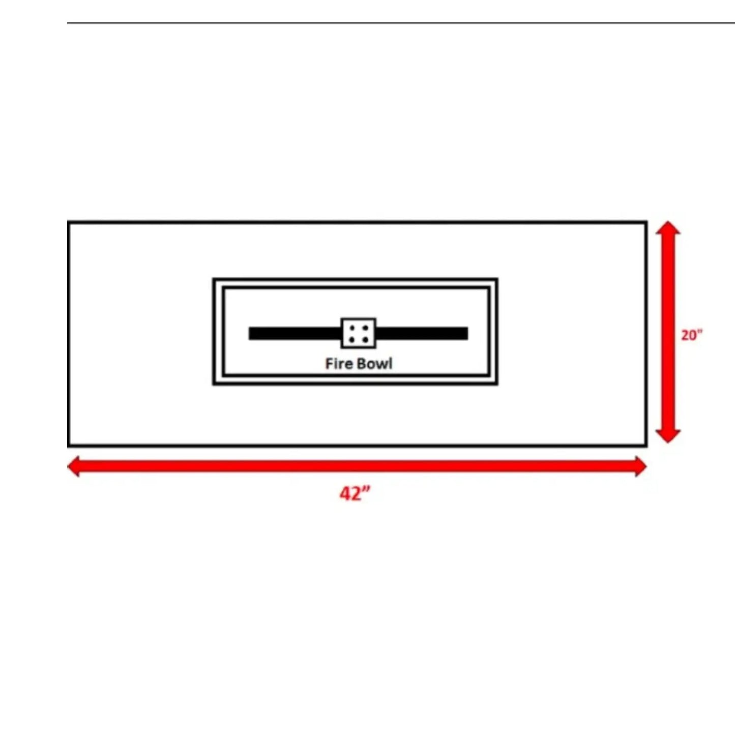 Reinforced propane outdoor fire pit table diagram with fire bowl, 42 in long by 20 in high on Tampa Home & Garden Store