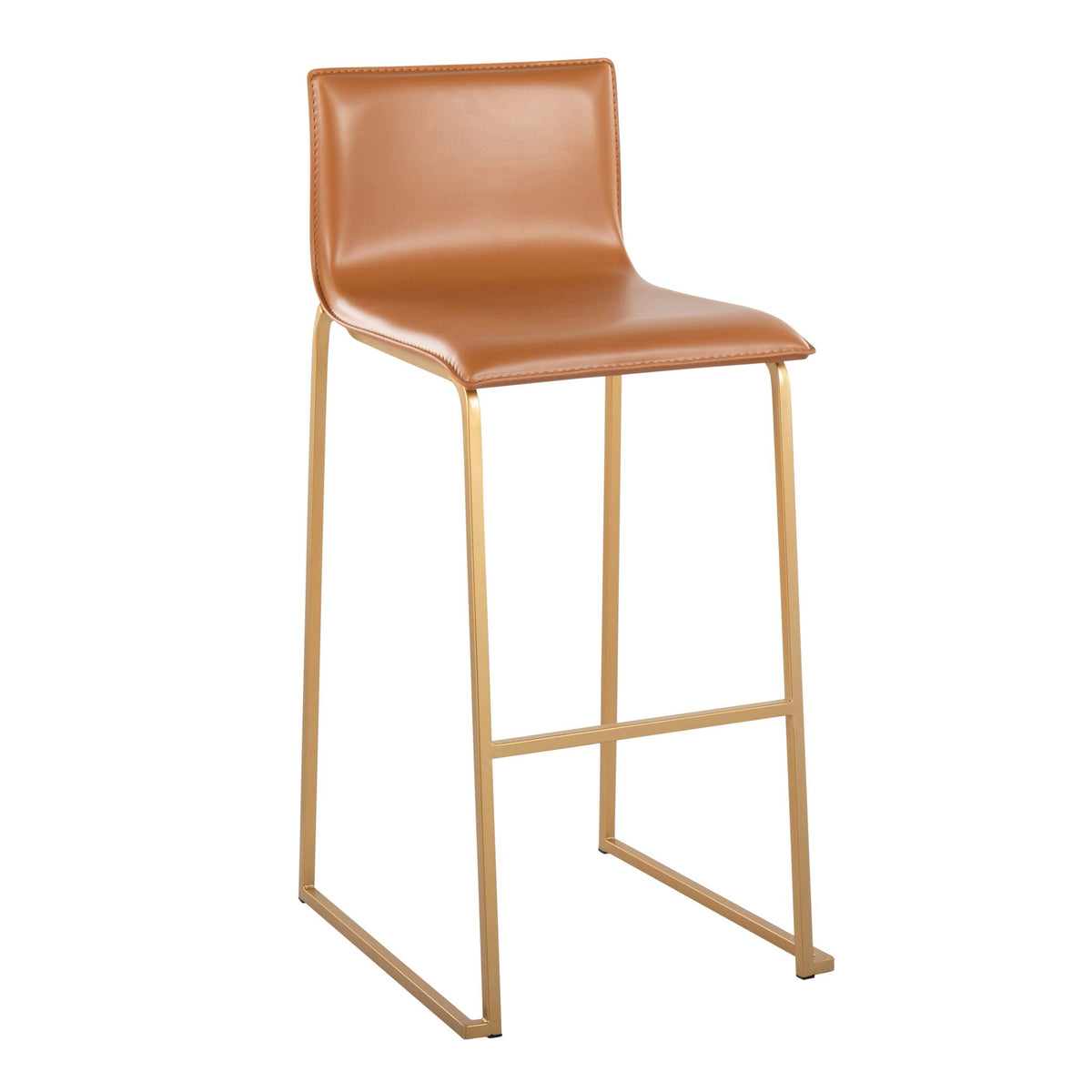 Set of 2 contemporary upholstered barstools with tan leather seating and gold metal bases on Tampa Home & Garden Store