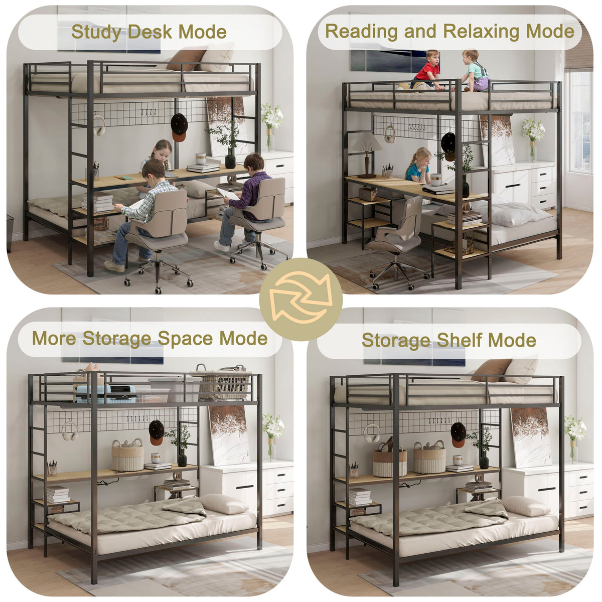 Ethan bunk bed with desk in black metal frame; storage shelves and charging station; on Tampa Home & Garden Store
