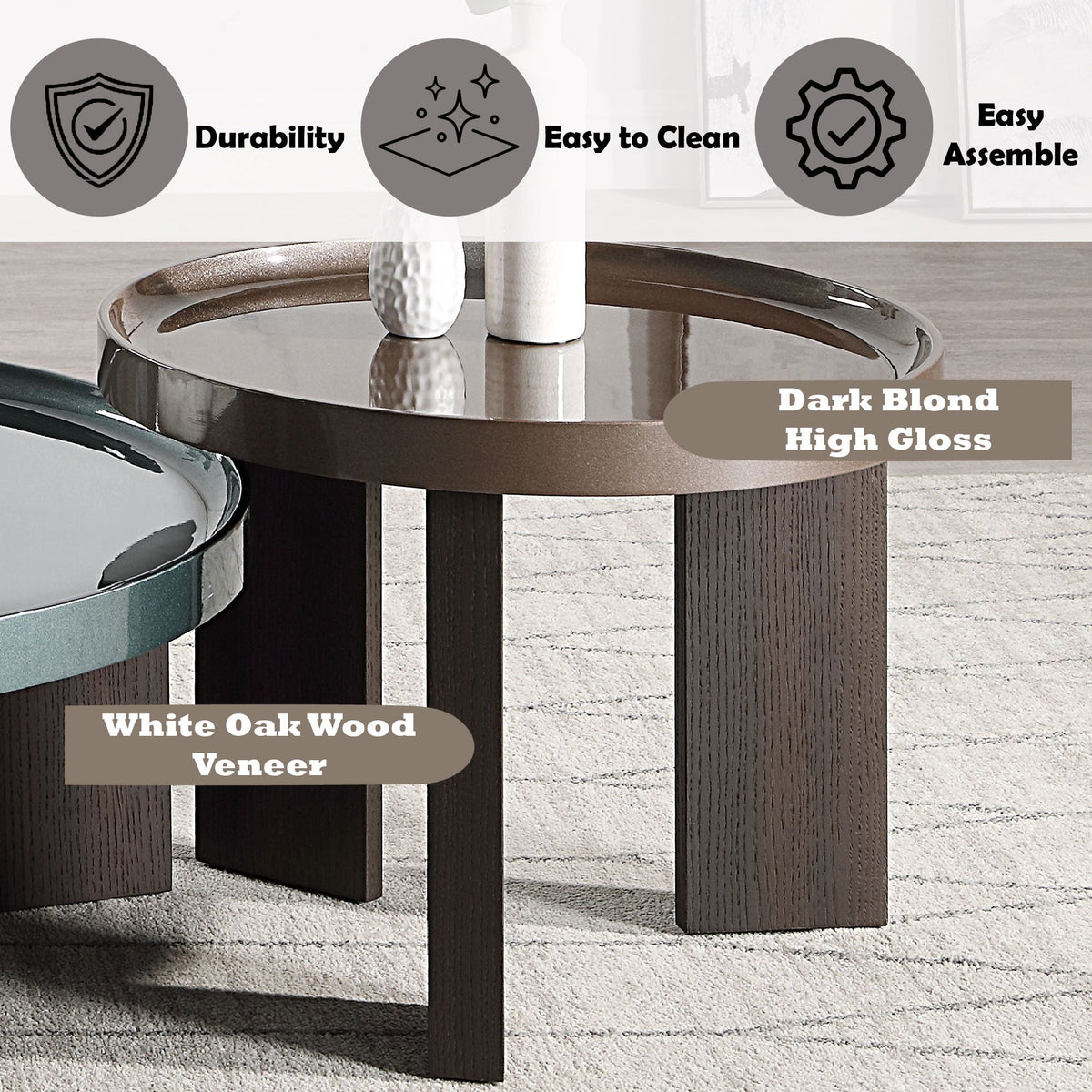Elegant Design Coffee Table by HouseOfZazla with dark brown high gloss wood veneer round top on Tampa Home & Garden Store