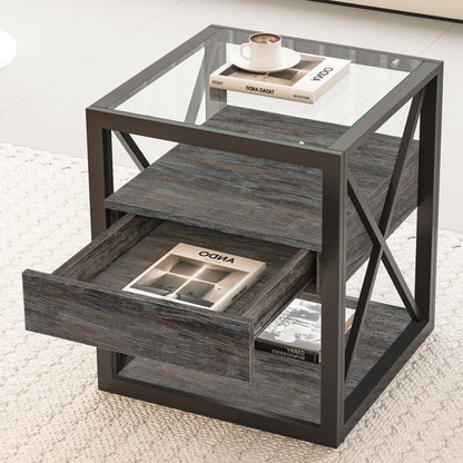 Set of 2 modern end tables with drawer by HouseOfZazla, glass top, dark wood frame on Tampa Home & Garden Store
