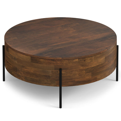 Round coffee table solid mango wood in dark brown with black metal legs by HouseOfZazla on Tampa Home & Garden Store