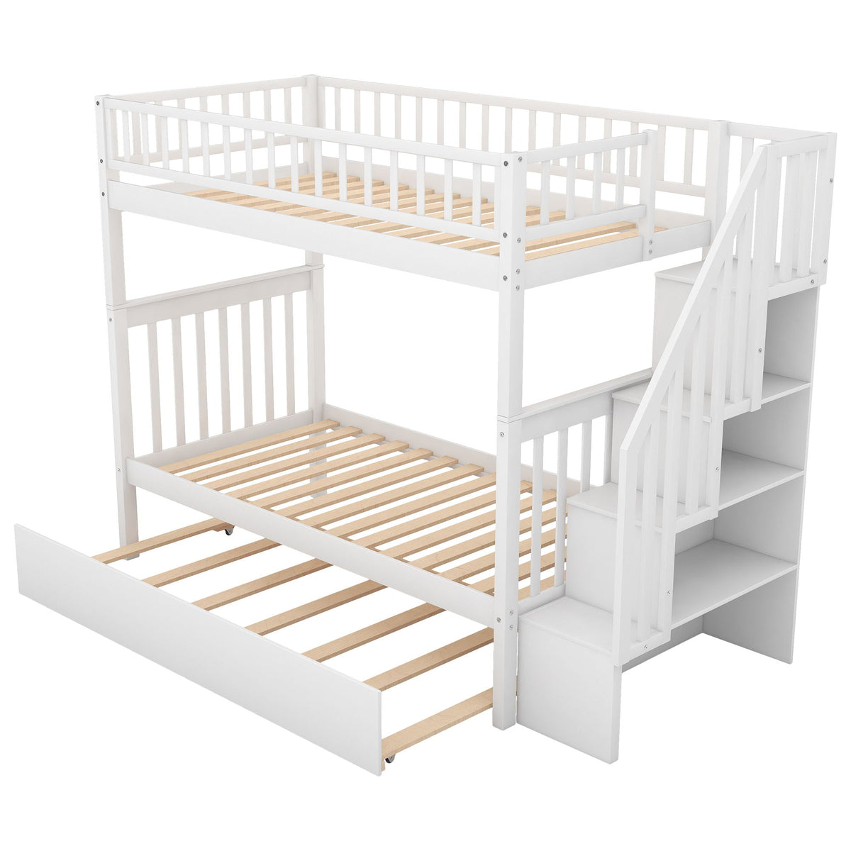 Bunk Bed With Staircase by HouseOfZazla, white wooden frame with guard rails on Tampa Home & Garden Store