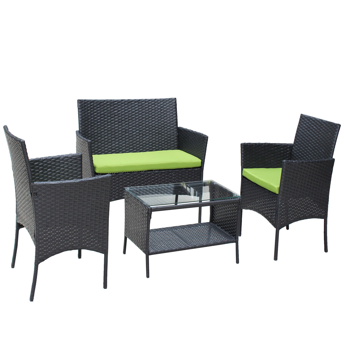 4 pc rattan patio set black wicker lime cushions sofa and 2 chairs with glass coffee table on Tampa Home & Garden Store