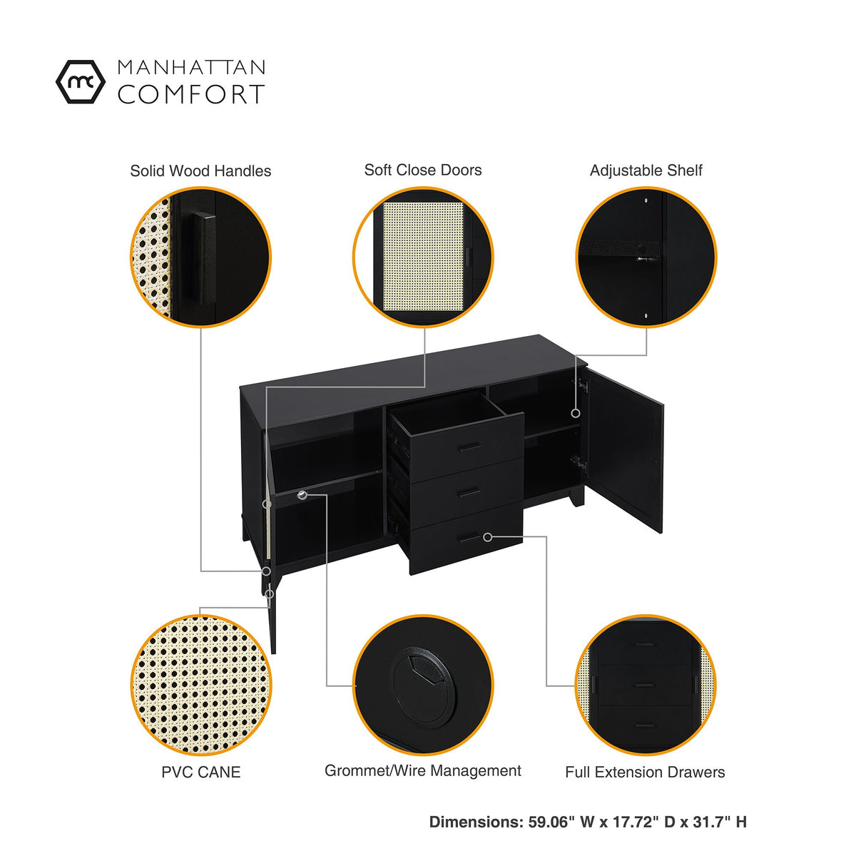 Modern Cane Design Sideboard by HouseOfZazla with solid wood handles black finish on Tampa Home & Garden Store