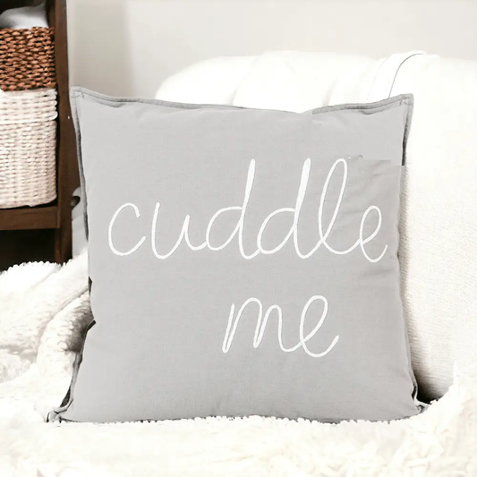 Cuddle Me 20in grey throw pillow with white cursive text Gia Roma Wild at Heart tribal on Tampa Home & Garden Store