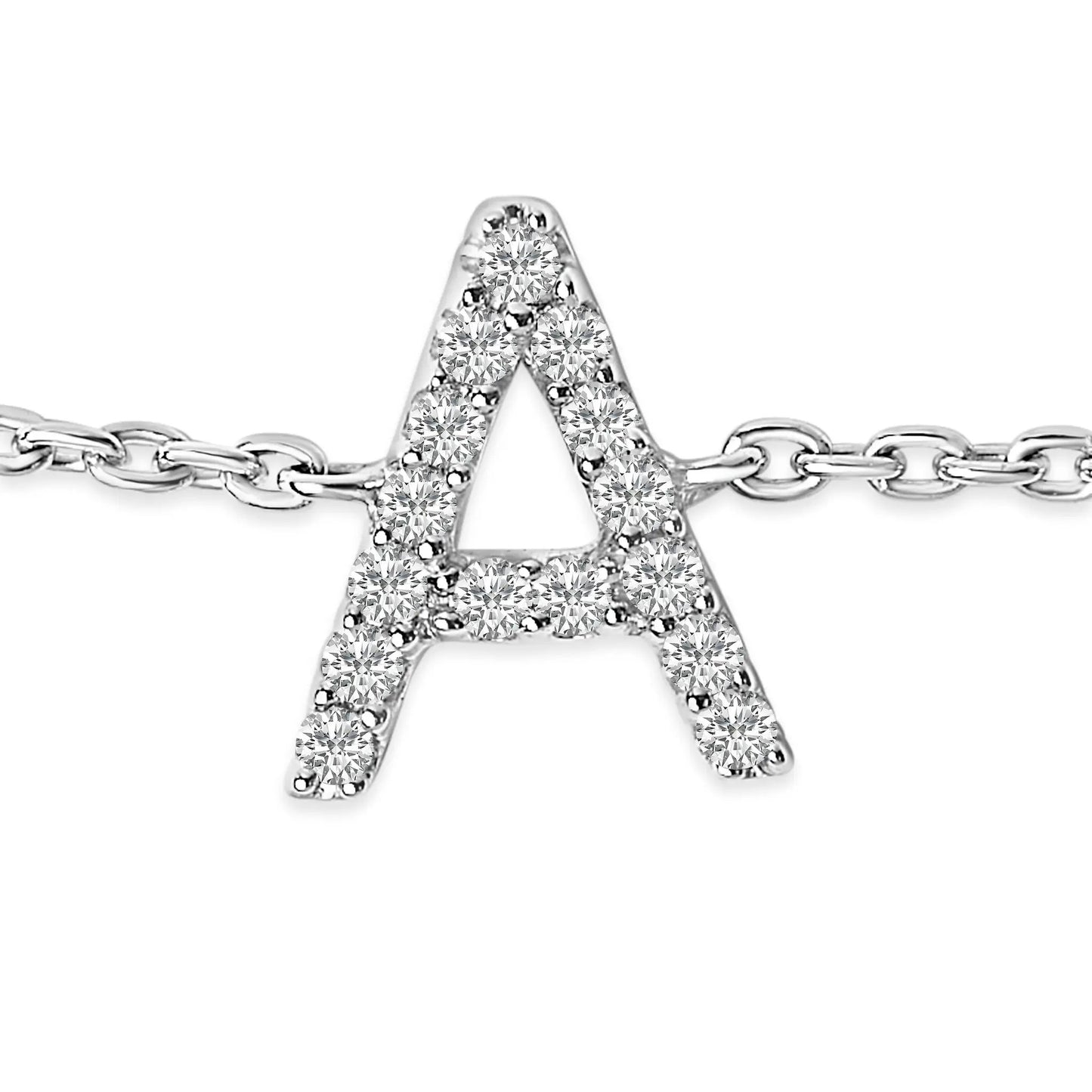 Bracelet: 10K white gold A initial charm with diamond accents on a linked chain bracelet on Tampa Home & Garden Store