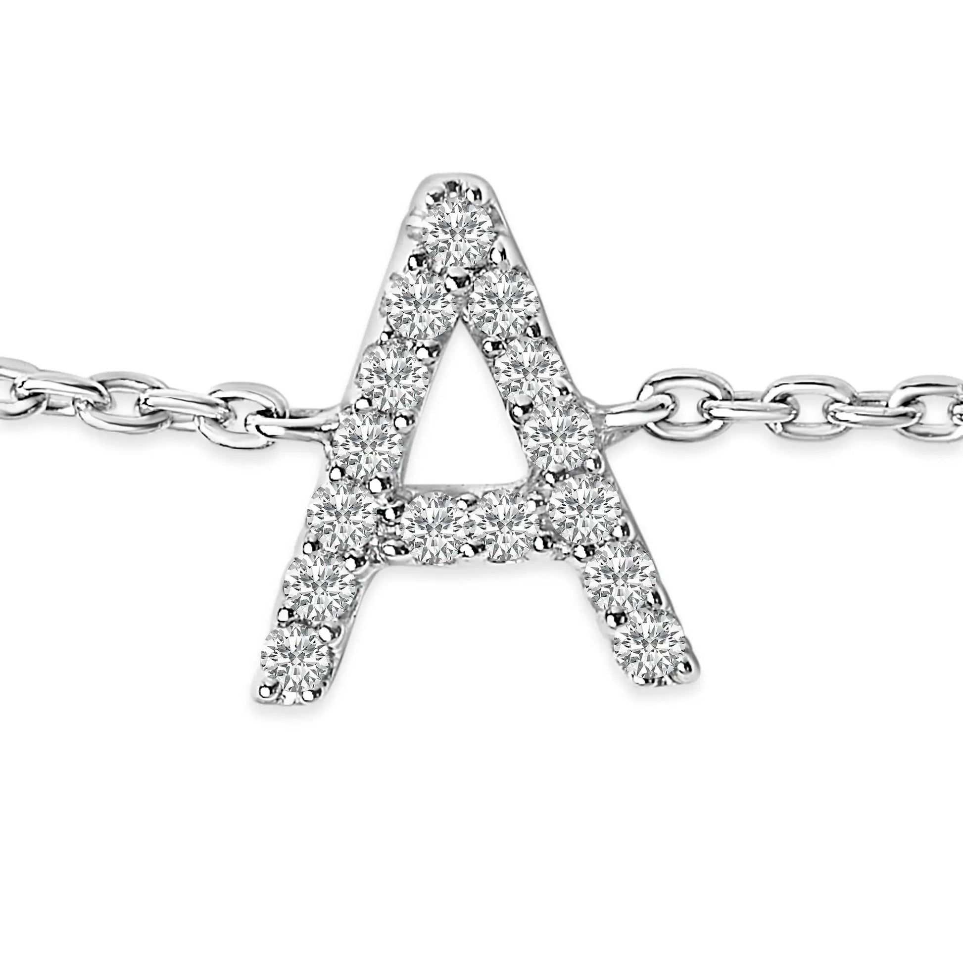 Bracelet: 10K white gold A initial charm with diamond accents on a linked chain bracelet on Tampa Home & Garden Store