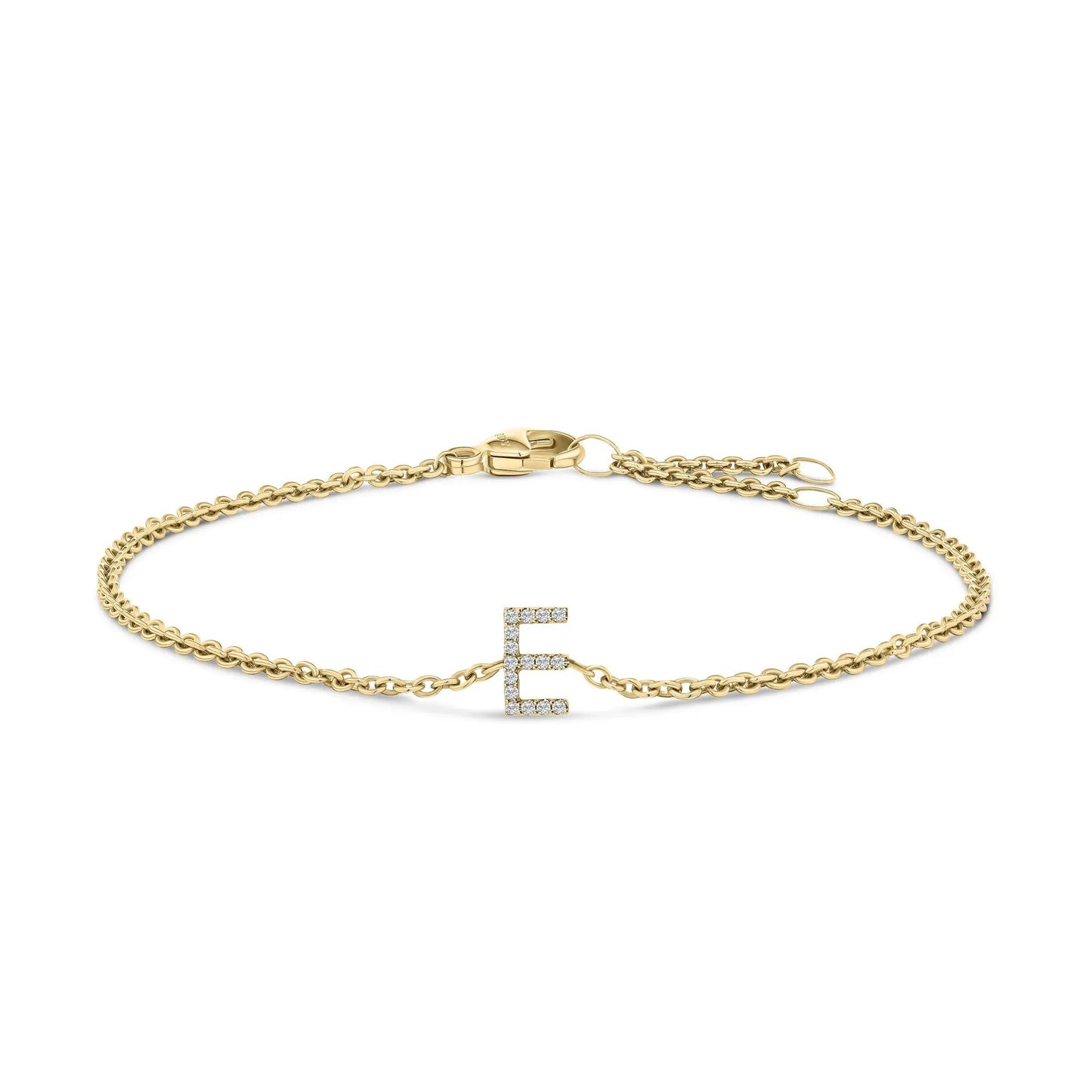 Gold-tone link bracelet with a diamond-encrusted letter E initial charm on Tampa Home & Garden Store