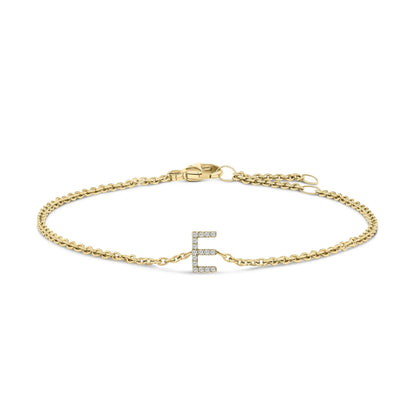 Gold-tone link bracelet with a diamond-encrusted letter E initial charm on Tampa Home & Garden Store