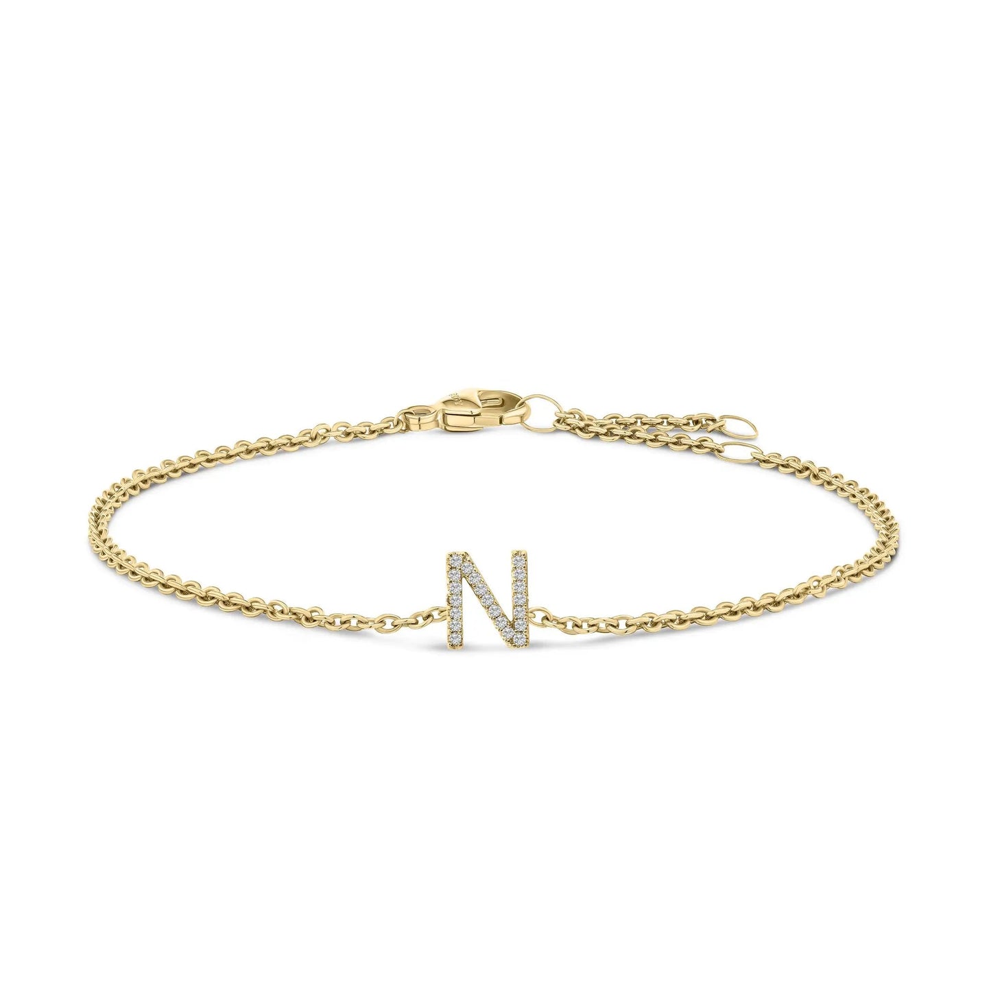 10K white gold link bracelet with a diamond-studded N initial charm on a gold chain on Tampa Home & Garden Store